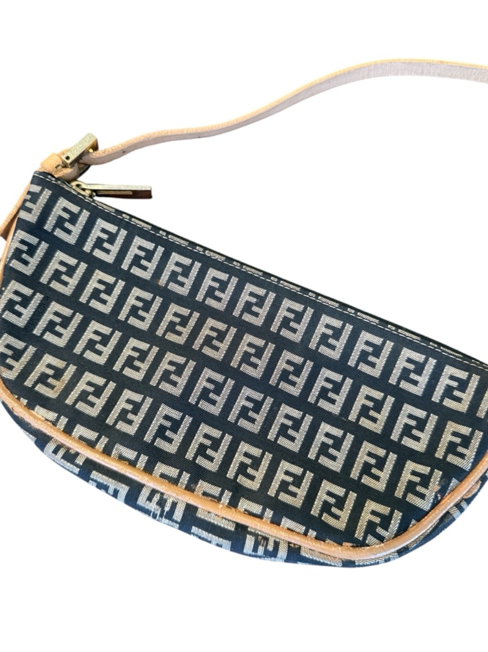 Vintage Y2K Fendi Zucchino Mini Pochette Half Moon Shoulder Bag Black Tan - Picture 3 of 9
